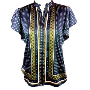 AnnTaylor Blue Geometric Print Top With Ruffled Sleeves